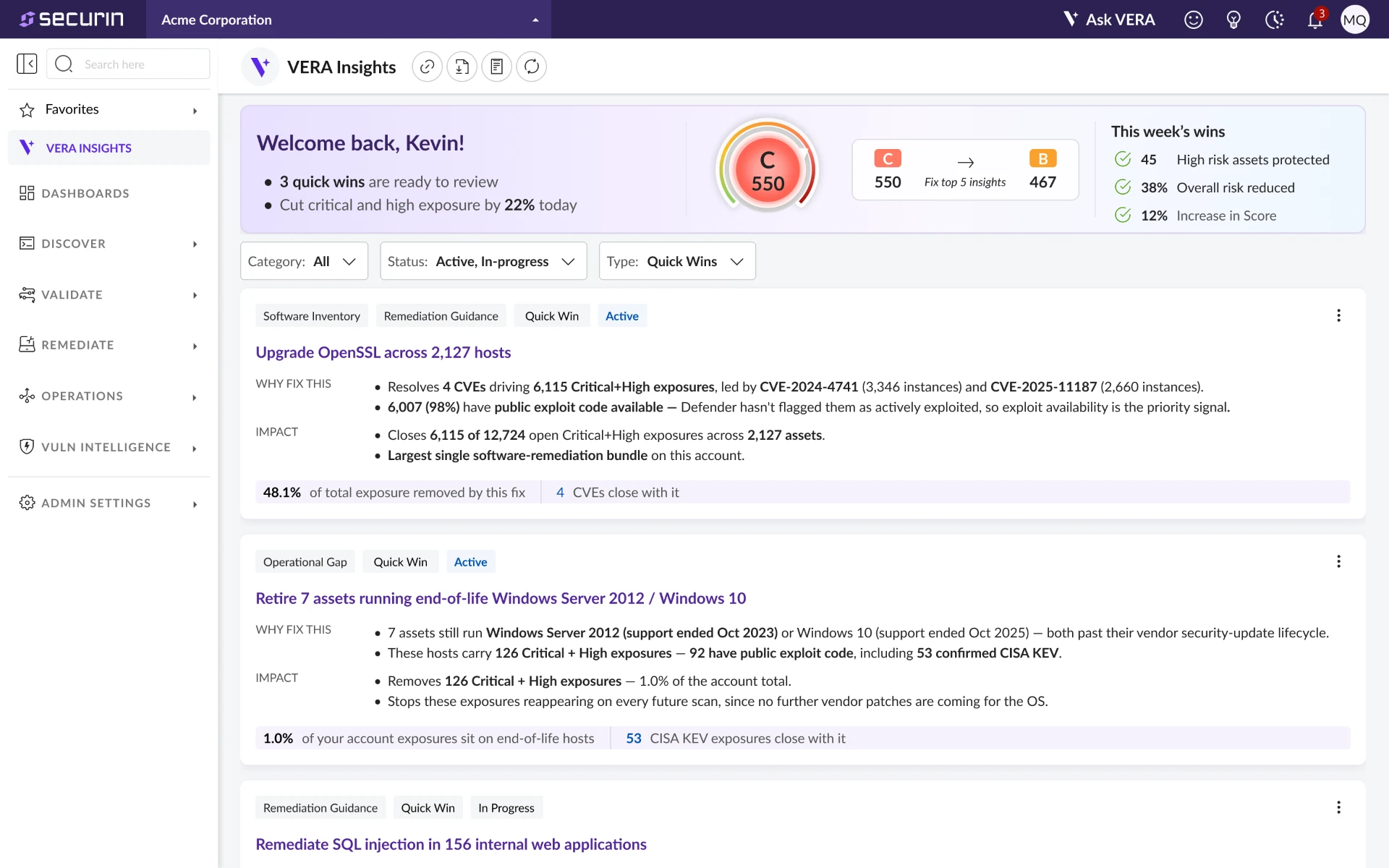 VERA Insights dashboard showing prioritized remediation recommendations